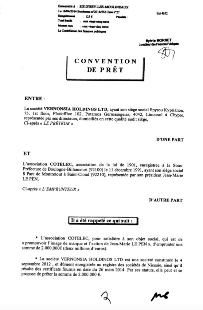 La première page de la convention de prêt de Cotelec, signée le 4 avril 2014. © Document Mediapart La première page de la convention de prêt de Cotelec, signée le 4 avril 2014. © Document Mediapart