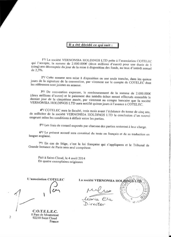 La deuxième page de la convention de prêt de Cotelec. © Document Mediapart La deuxième page de la convention de prêt de Cotelec. © Document Mediapart