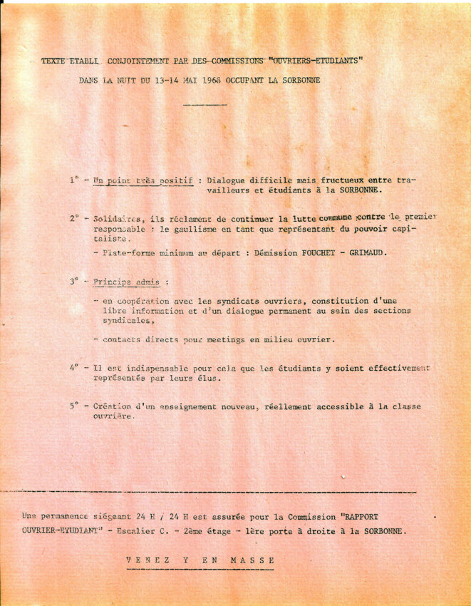 Texte établi conjointement par des commissions "ouvriers – étudiants" occupant la Sorbonne dans la nuit du 13 – 14 mai 1968 © Commissions « Ouvriers – Étudiants » Texte établi conjointement par des commissions "ouvriers – étudiants" occupant la Sorbonne dans la nuit du 13 – 14 mai 1968 © Commissions « Ouvriers – Étudiants »