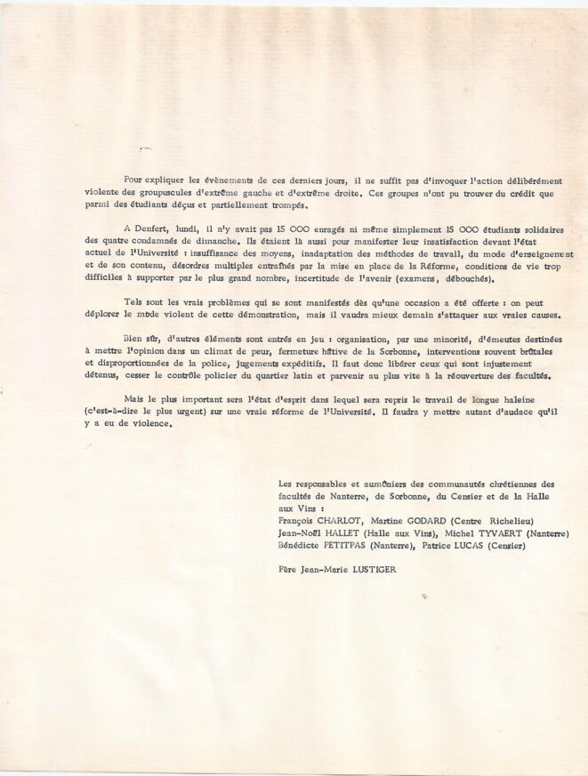Tract du 5 mai © Les responsables et aumôniers des communautés chrétiennes des facultés de Nanterre, Sorbonne , Censier et de la Halle aux vins (Jussieu) Tract du 5 mai © Les responsables et aumôniers des communautés chrétiennes des facultés de Nanterre, Sorbonne , Censier et de la Halle aux vins (Jussieu)