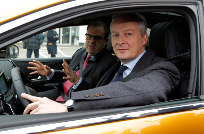 Le ministre de l'économie et des finances Bruno Le Maire sur le site PSA de Sausheim près de Mulhouse en février 2018. © Reuters Le ministre de l'économie et des finances Bruno Le Maire sur le site PSA de Sausheim près de Mulhouse en février 2018. © Reuters