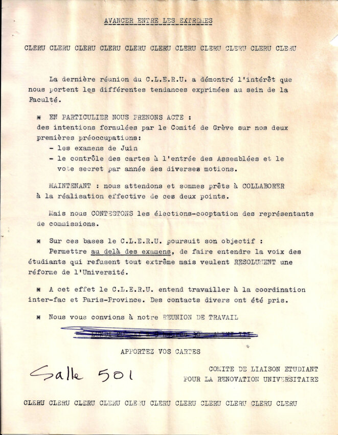 Appel à une réunion de travail du CLERU qui se positionne entre les extrêmes. © CLERU, comité de liaison étudiants pour la rénovation universitaire Appel à une réunion de travail du CLERU qui se positionne entre les extrêmes. © CLERU, comité de liaison étudiants pour la rénovation universitaire