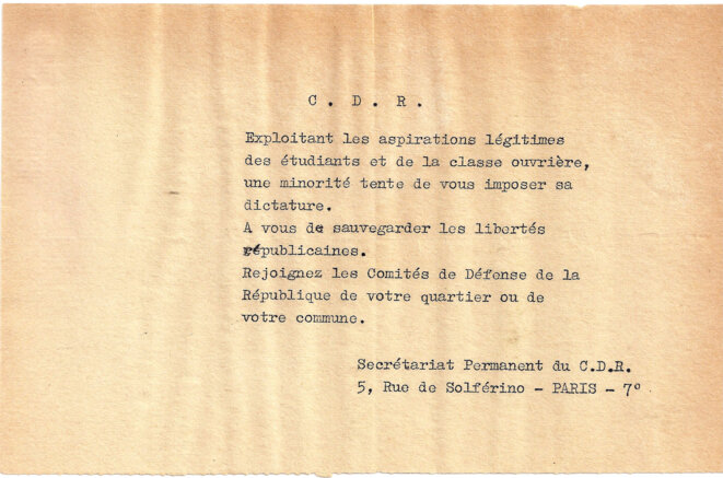 Invitation à rejoindre les comités de défense de la République des quartiers ou des communes. © Comité de défense de la République Invitation à rejoindre les comités de défense de la République des quartiers ou des communes. © Comité de défense de la République