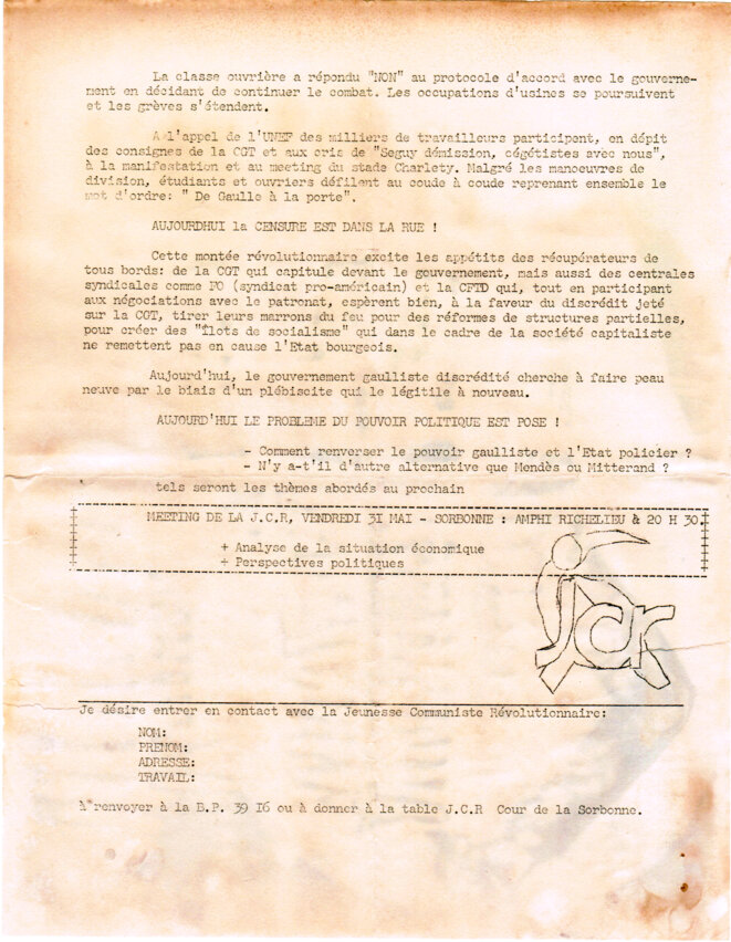 Position de la JCR après Charlety. Appel à un nouveau meeting le 31 mai à la Sorbonne., © JCR. Jeunesse communiste révolutionnaire Position de la JCR après Charlety. Appel à un nouveau meeting le 31 mai à la Sorbonne., © JCR. Jeunesse communiste révolutionnaire