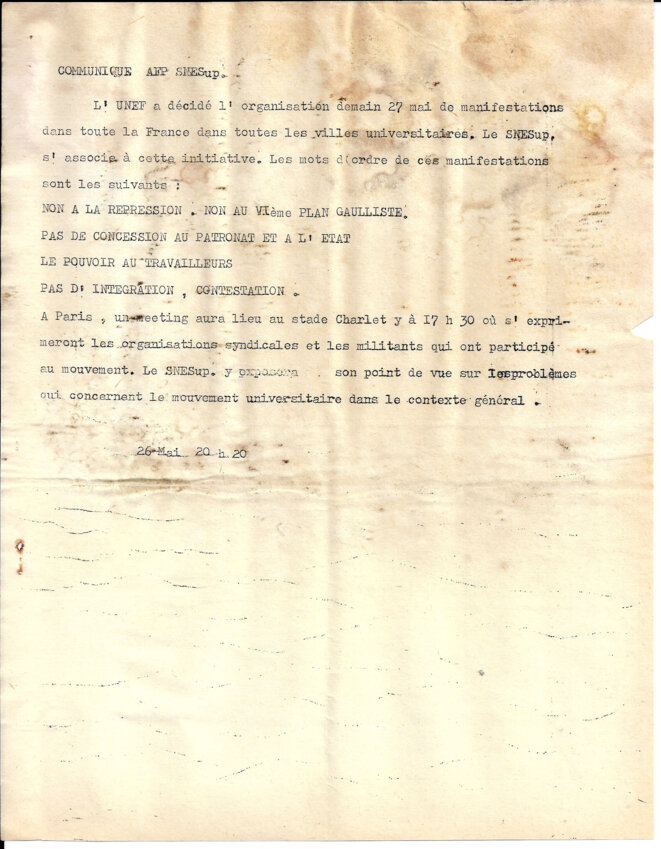 Communiqué du SNESup qui s'associe à l'organisation par l'UNEF d'un meeting au stade Charléty le 27 mai © SNESup, Syndicat national de l'enseignement supérieur Communiqué du SNESup qui s'associe à l'organisation par l'UNEF d'un meeting au stade Charléty le 27 mai © SNESup, Syndicat national de l'enseignement supérieur