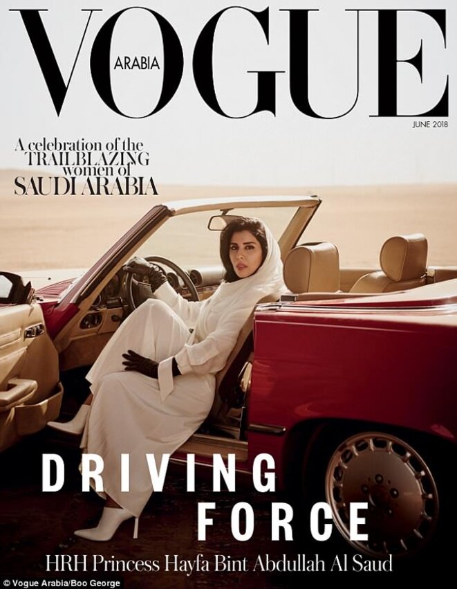 La une de l'édition saoudienne de « Vogue » de juin 2018. La une de l'édition saoudienne de « Vogue » de juin 2018.