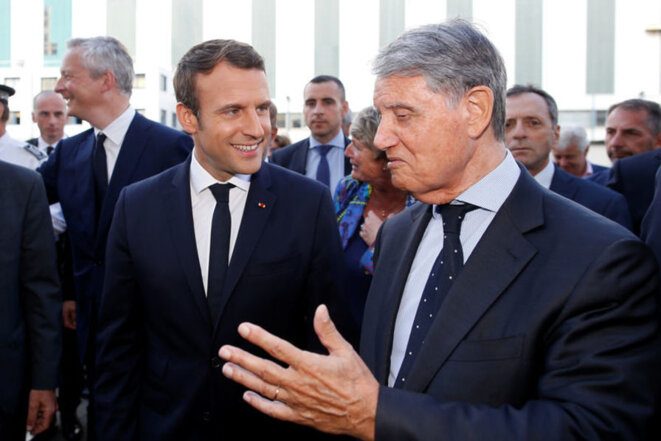 Mediterranean Shipping Company (MSC) chairman and co-founder Gianluigi Aponte (right) with French President Emmanuel Macron ion May 31st 2017. © Stéphane Mahé/Reuters Mediterranean Shipping Company (MSC) chairman and co-founder Gianluigi Aponte (right) with French President Emmanuel Macron ion May 31st 2017. © Stéphane Mahé/Reuters