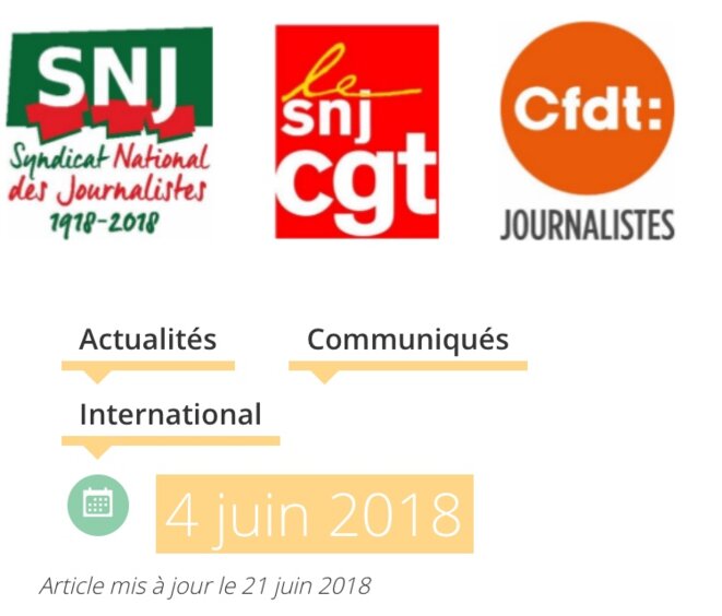 PROTESTATION DE SYNDICATS DE JOURNALISTES CONTRE LA DESCENTE DU PREMIER MINISTRE ISRAÉLIEN À PARIS LE 4 JUIN 2018 LORS DU MASSACRE CONTINU DE MANIFESTANTS DÉSARMÉS ET DE LEURS CONFRÈRES PALESTINIENS © E’M.C. Palestine PROTESTATION DE SYNDICATS DE JOURNALISTES CONTRE LA DESCENTE DU PREMIER MINISTRE ISRAÉLIEN À PARIS LE 4 JUIN 2018 LORS DU MASSACRE CONTINU DE MANIFESTANTS DÉSARMÉS ET DE LEURS CONFRÈRES PALESTINIENS © E’M.C. Palestine