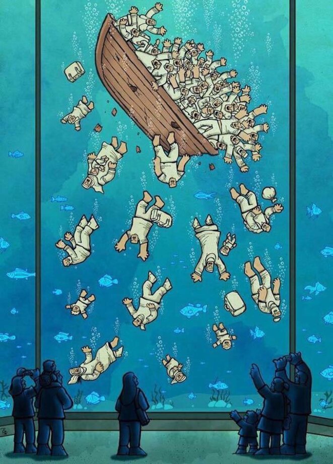 "Immigrants" par le cartooniste iranien Alireza Pakdel. Cette illustration a gagné le grand prix du World Press Cartoon fin 2017. © Alireza Pakdel "Immigrants" par le cartooniste iranien Alireza Pakdel. Cette illustration a gagné le grand prix du World Press Cartoon fin 2017. © Alireza Pakdel