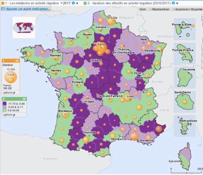 Variation des effectifs médicaux entre 2010 et 2017. En vert, les départements où le nombre de médecins augmente, en rose et violet ceux où il diminue. © Atlas de la démographie médicale de l'Ordre des médecins Variation des effectifs médicaux entre 2010 et 2017. En vert, les départements où le nombre de médecins augmente, en rose et violet ceux où il diminue. © Atlas de la démographie médicale de l'Ordre des médecins