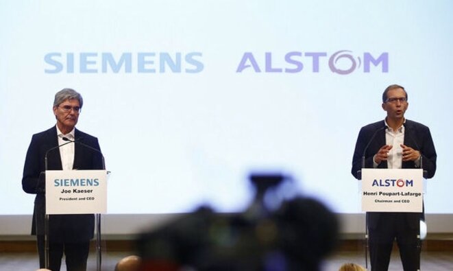 Le PDG de Siemens et celui d'Alstom lors de l'annonce de la fusion en septembre 2017. © Alstom Le PDG de Siemens et celui d'Alstom lors de l'annonce de la fusion en septembre 2017. © Alstom