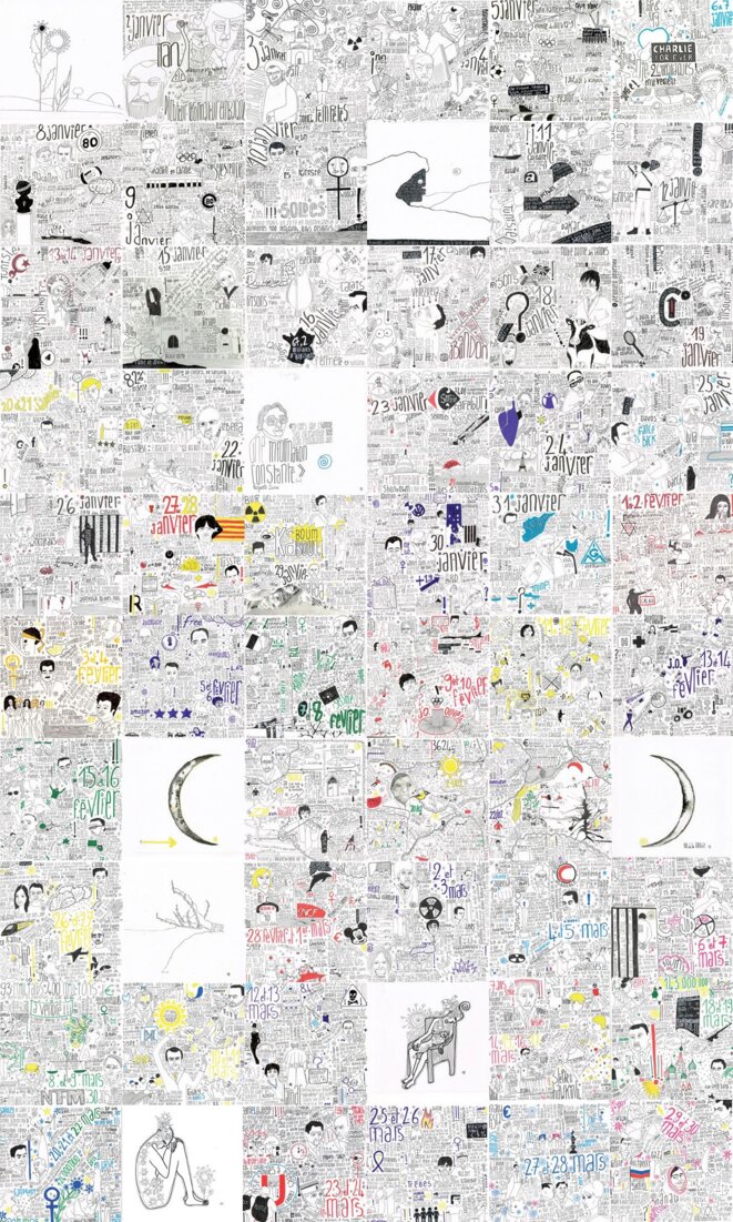 Zap Zap Actus - 1er trimestre 2018. 120x200cm - 60 dessins sur papier 20x20 © ARySQUE Zap Zap Actus - 1er trimestre 2018. 120x200cm - 60 dessins sur papier 20x20 © ARySQUE