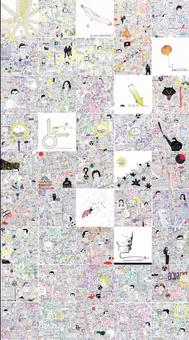 Zap Zap Actus - 2e trimestre 2018. 100x180cm - (45 dessins sur papier 20x20 © ARySQUE Zap Zap Actus - 2e trimestre 2018. 100x180cm - (45 dessins sur papier 20x20 © ARySQUE