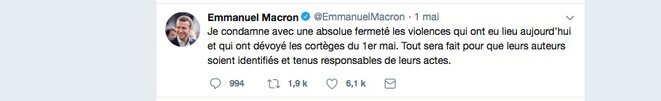 La reacción de Emmanuel Macron tras los incidentes que ocurrieron durante la manifestación del 1 de mayo. © DR La reacción de Emmanuel Macron tras los incidentes que ocurrieron durante la manifestación del 1 de mayo. © DR