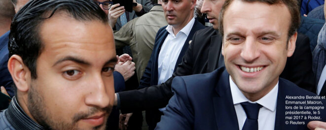 Alexandre Benalla with Emmanuel Macron in Rodez, south-west France, during the presidential election campaign in May 2017. Alexandre Benalla with Emmanuel Macron in Rodez, south-west France, during the presidential election campaign in May 2017.