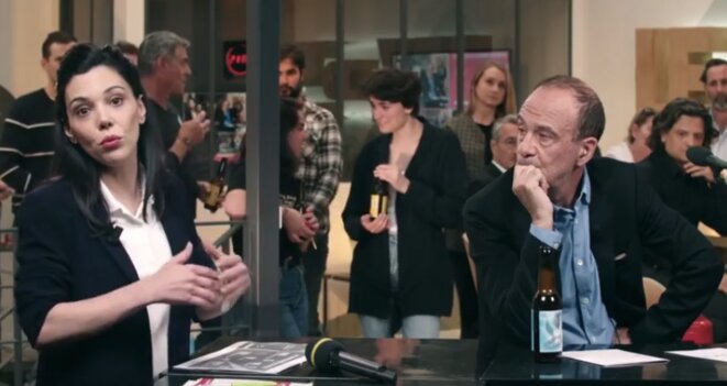 Sophia Chikirou et Gérard Miller lors de la présentation de la situation financière du Média, le 14 juin 2018. © DR (capture d'écran) Sophia Chikirou et Gérard Miller lors de la présentation de la situation financière du Média, le 14 juin 2018. © DR (capture d'écran)