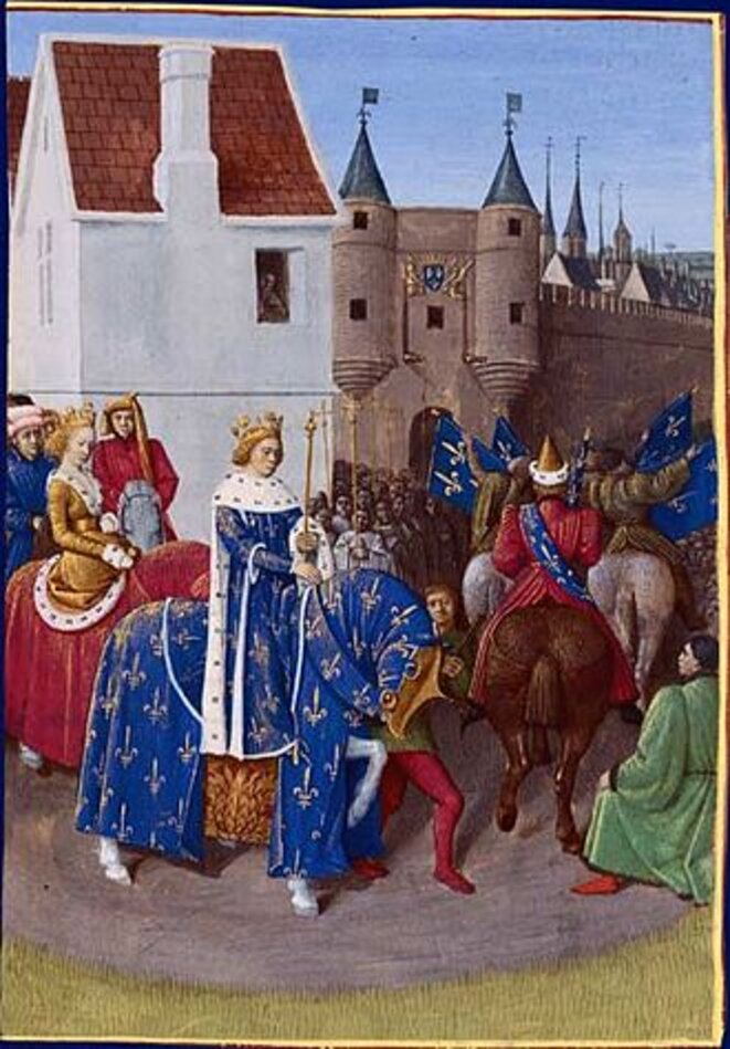 Entrée de Jean II le Bon à Paris après son sacre (Jean Fouquet, Grandes Chroniques de France, vers 1455-1460 (BNF, Fr.6 465, f.378v) Entrée de Jean II le Bon à Paris après son sacre (Jean Fouquet, Grandes Chroniques de France, vers 1455-1460 (BNF, Fr.6 465, f.378v)