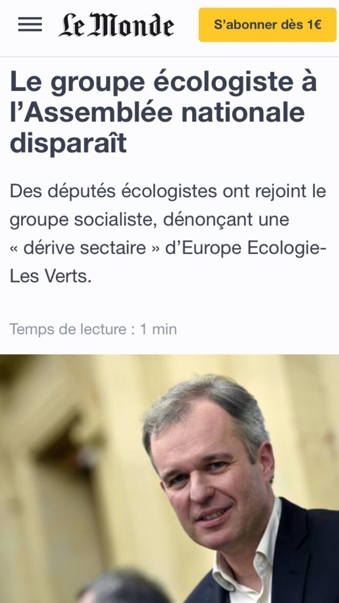 Explosion du premier groupe écologiste à l'Assemblée nationale en cours de mandat (mai 2016) © lemonde.fr Explosion du premier groupe écologiste à l'Assemblée nationale en cours de mandat (mai 2016) © lemonde.fr