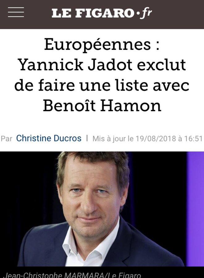 Y. Jadot refuse de discuter avec Benoit Hamon et le mouvement d'écologie politique Génération.s (août 2018) © lefigaro.fr Y. Jadot refuse de discuter avec Benoit Hamon et le mouvement d'écologie politique Génération.s (août 2018) © lefigaro.fr