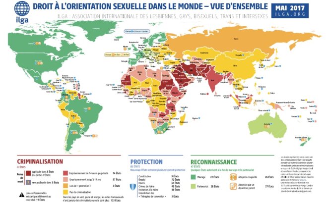 Carte de l'Association internationale des personnes LGBTI (Ilga) en mai 2017. Carte de l'Association internationale des personnes LGBTI (Ilga) en mai 2017.