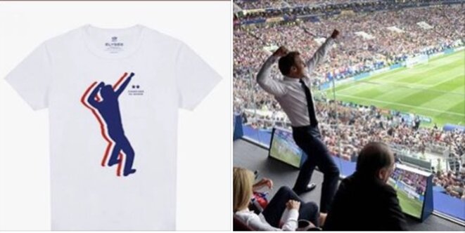A droite : Emmanuel Macron célébrant la victoire des bleus A droite : Emmanuel Macron célébrant la victoire des bleus