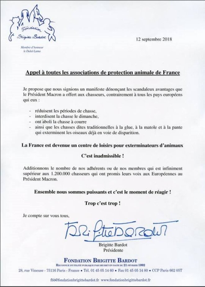 L'appel du 12 septembre 2018 en faveur de la protection animale. © Brigitte Bardot L'appel du 12 septembre 2018 en faveur de la protection animale. © Brigitte Bardot