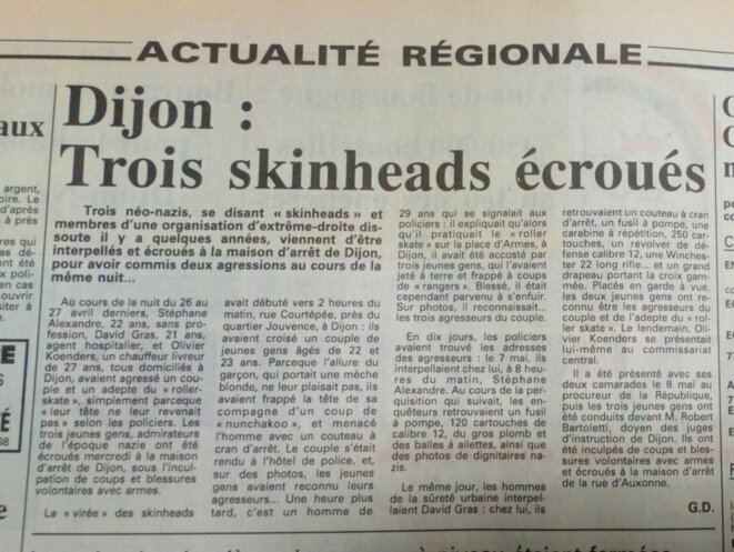 Article du Bien Public du 14 mai 1991 "Trois skinheads écroués" © Gilles DUPONT Article du Bien Public du 14 mai 1991 "Trois skinheads écroués" © Gilles DUPONT