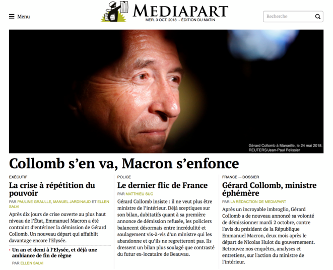 A la une de mediapart, ce mercredi 3 octobre 2018 A la une de mediapart, ce mercredi 3 octobre 2018