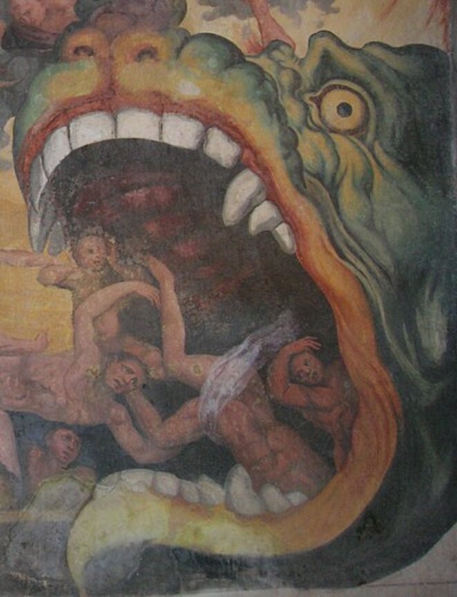 Léviathan dans la fresque Le Jugement dernier (Giudizio Universale) de Giacomo Rossignolo (vers 1555) Léviathan dans la fresque Le Jugement dernier (Giudizio Universale) de Giacomo Rossignolo (vers 1555)