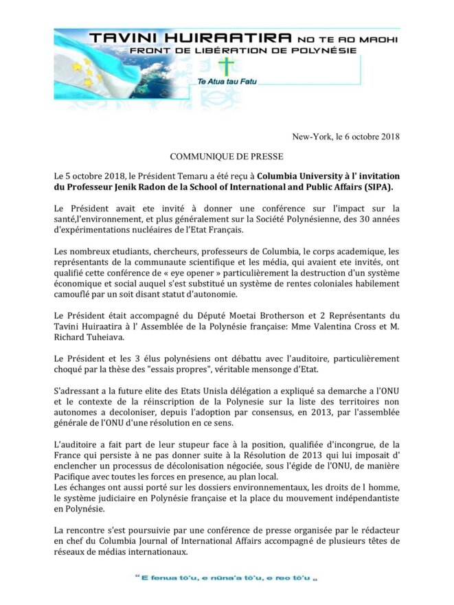 Communiqué du Tavini Huiraatira. Front de Libération de Polynésie.