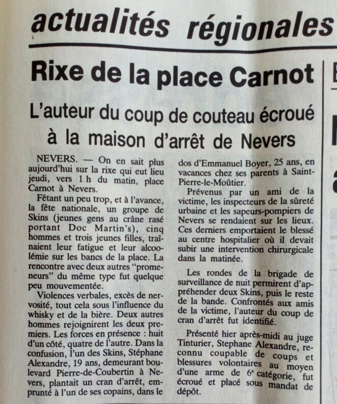 Article du Journal du Centre du 16 juillet 1988 "Rixe de la place Carnot" © Le Journal du Centre Article du Journal du Centre du 16 juillet 1988 "Rixe de la place Carnot" © Le Journal du Centre