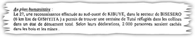 Extrait d'une note du renseignement militaire sur les massacres de Bisesero. © DR Extrait d'une note du renseignement militaire sur les massacres de Bisesero. © DR
