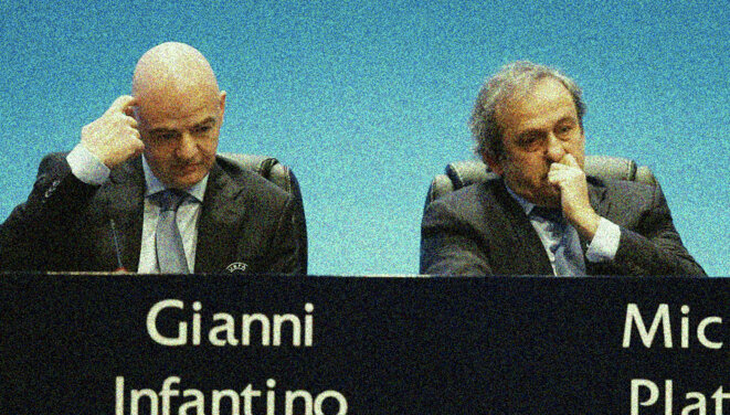 Michel Platini, président de l'UEFA jusqu'en 2016 (à droite), avec son bras droit Gianni Infantino, aujourd'hui président de la Fifa. © Reuters infantino-platini-reuters.jpg?width=900&