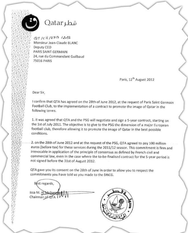 La lettre du président de QTA au PSG évoquant le rendez-vous du 28 juin 2012. © EIC psg-qta-lettre.jpg?width=960&height=1186