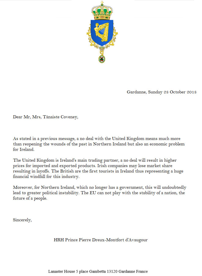 Lettre de SAR le Prince d'Irlande au vice-premier ministre d'Irlande © Prince Pierre Dreux-Montfort d'Avaugour, Prince d'Irlande Lettre de SAR le Prince d'Irlande au vice-premier ministre d'Irlande © Prince Pierre Dreux-Montfort d'Avaugour, Prince d'Irlande