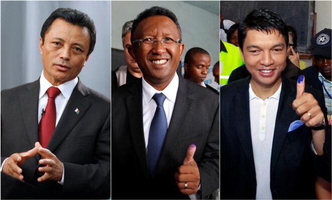 Trois des candidats à la présidence de la République (de gauche à droite) : Marc Ravalomanana, Hery Rajaonarimampianina et Andry Rajoelina. © Reuters