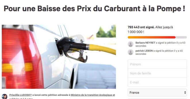 Page de présentation de la pétition contre la hausse des prix du carburant
