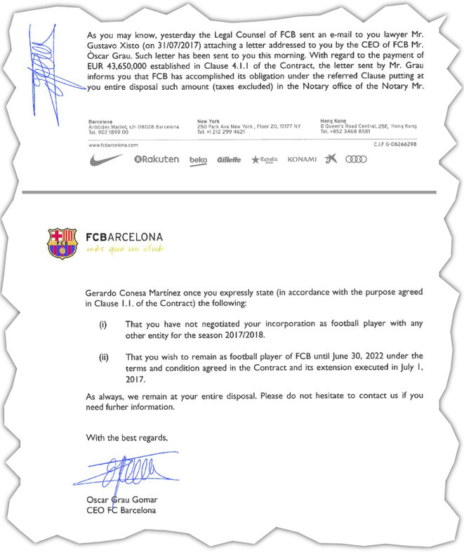 Extracto de la cláusula adicional del contrato de trabajo de 2016 de Neymar con el FC Barcelona, que incluye su prima de prolongación. © EIC Extracto de la cláusula adicional del contrato de trabajo de 2016 de Neymar con el FC Barcelona, que incluye su prima de prolongación. © EIC