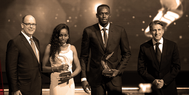 Prince Albert II (far left) with Ethiopian long-distance runner Almaz Ayana, Jamaican sprinter Usain Bolt and IAAF president Sebastian Coe at the 2016 awards in Monaco for IAAF male and female 'world athletes of the year'. © Reuters Prince Albert II (far left) with Ethiopian long-distance runner Almaz Ayana, Jamaican sprinter Usain Bolt and IAAF president Sebastian Coe at the 2016 awards in Monaco for IAAF male and female 'world athletes of the year'. © Reuters