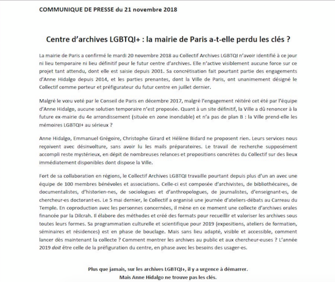 Communiqué du comité Archives LGBTQI Communiqué du comité Archives LGBTQI