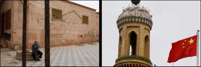 Un homme âgé (à gauche) est assis dans la vieille ville de Kashgar. Un drapeau chinois (à droite) flotte à côté de la mosquée Id Kah dans la vieille ville. © Reuters/Thomas Peter Un homme âgé (à gauche) est assis dans la vieille ville de Kashgar. Un drapeau chinois (à droite) flotte à côté de la mosquée Id Kah dans la vieille ville. © Reuters/Thomas Peter