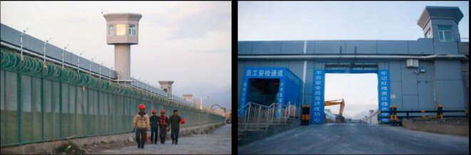 : Les ouvriers marchent le long de la clôture de Dabancheng (à gauche). Des panneaux à l'entrée du camp rappellent aux travailleurs les exigences de sécurité du bâtiment. © Reuters/Thomas Peter : Les ouvriers marchent le long de la clôture de Dabancheng (à gauche). Des panneaux à l'entrée du camp rappellent aux travailleurs les exigences de sécurité du bâtiment. © Reuters/Thomas Peter