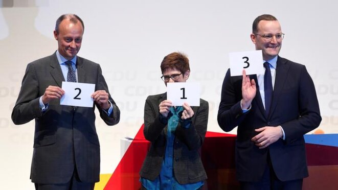 Friedrich Merz, Annegret Kramp-Karrenbauer et Jens Spahn, les trois candidats à la tête de la CDU. © Reuters Friedrich Merz, Annegret Kramp-Karrenbauer et Jens Spahn, les trois candidats à la tête de la CDU. © Reuters