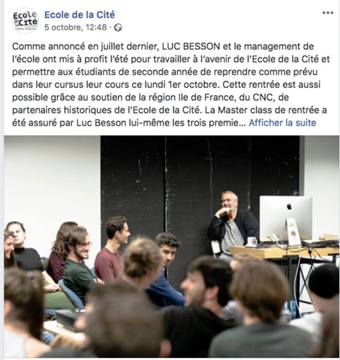 Facebook post showing Luc Besson leading a class at the École de la Cité in October 2018. © Facebook page of the Cité du Cinéma school Facebook post showing Luc Besson leading a class at the École de la Cité in October 2018. © Facebook page of the Cité du Cinéma school