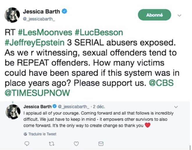 Messages posted on Twitter by Jessica Barth reacting to the latest accusations levelled against Luc Besson. Messages posted on Twitter by Jessica Barth reacting to the latest accusations levelled against Luc Besson.