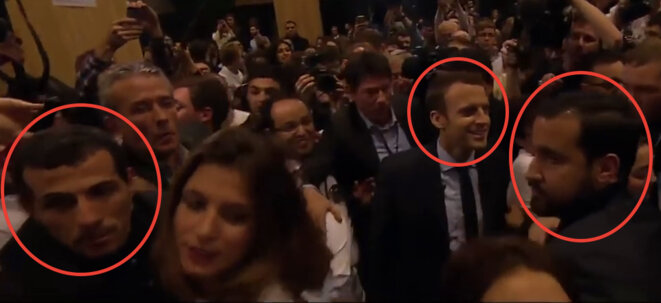 Kader Rahmouni (à gauche) assurant la sécurité d'Emmanuel Macron avec Alexandre Benalla. © Capture d'écran YouTube Kader Rahmouni (à gauche) assurant la sécurité d'Emmanuel Macron avec Alexandre Benalla. © Capture d'écran YouTube