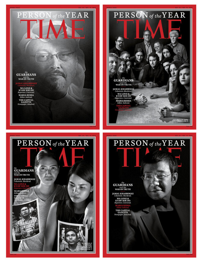 Jamal Khashoggi (en haut à gauche) et les journalistes harcelés, nommés «Personnes de l'année» par le magazine «Time». Jamal Khashoggi (en haut à gauche) et les journalistes harcelés, nommés «Personnes de l'année» par le magazine «Time».
