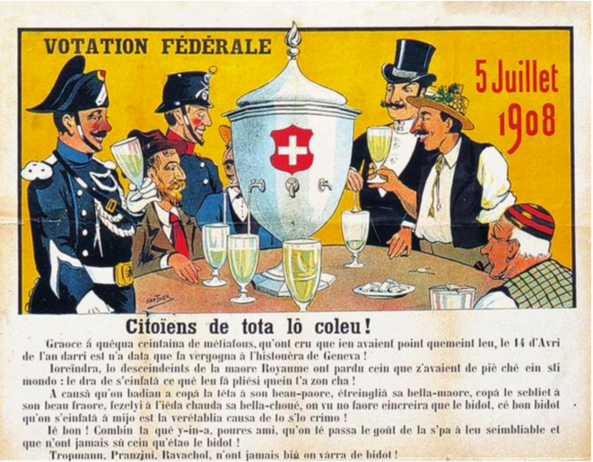 Détail d'une caricature à propos de la votation de 1908, parue dans le journal satirique genevois Guguss' (Museum für Gestaltung Zürich, Plakatsammlung, Zürcher Hochschule der Künste). Source : DHS. Détail d'une caricature à propos de la votation de 1908, parue dans le journal satirique genevois Guguss' (Museum für Gestaltung Zürich, Plakatsammlung, Zürcher Hochschule der Künste). Source : DHS.