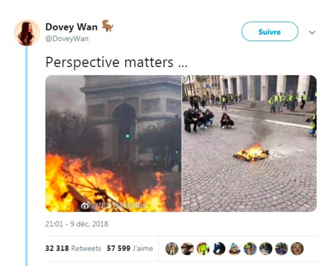 Exemple de contenu authentique mais trompeur, la juxtaposition de deux photos n'ayant rien en commun dans le but de dénoncer la "manipulation médiatique". Exemple de contenu authentique mais trompeur, la juxtaposition de deux photos n'ayant rien en commun dans le but de dénoncer la "manipulation médiatique".