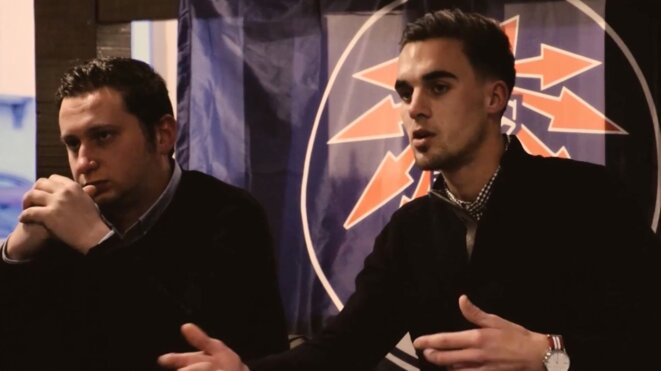 L'ex-président du Bastion social, Steven Bissuel, et son successeur, Valentin Linder, lors du lancement de la section strasbourgeoise, le 9 décembre 2017. © Vidéo Bastion social L'ex-président du Bastion social, Steven Bissuel, et son successeur, Valentin Linder, lors du lancement de la section strasbourgeoise, le 9 décembre 2017. © Vidéo Bastion social